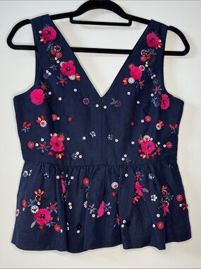 NWT J. crew navy blue embellished beaded floral peplum top zip close V-neck